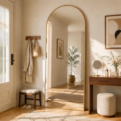 Arched Full Body Gold Mirror with Stand, 65"x24", Floor, Wall or