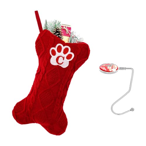 Ulico Dog Stocking with Initials£¬Bone Shape Christmas Stocking with Letters,Cable Knit Embroidered Monogram Christmas Stocking for Dogs Cats,Xmas Stockings for Pets Red C