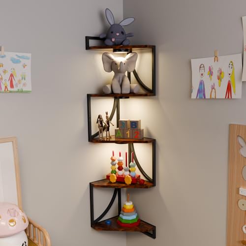 HAAYOT Curved Frame Corner Shelf Wall Mounted with Lights - 5-Tier Floating Metal Shelves, Rustic Brown