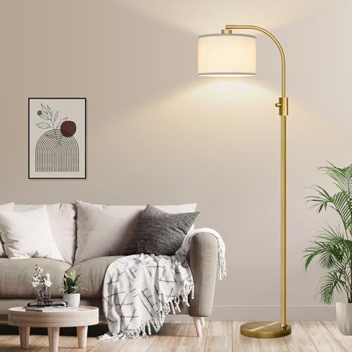 Nintiue Brass Arc Floor Lamp with Linen Shade - Dimmable Tall Standing Lamp for Living Room & Bedroom