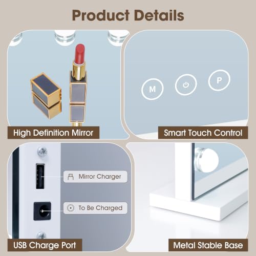 Vanity Makeup Mirror with Lights, 17 Dimmable LED Bulbs, 3 Color Modes, 10X Magnification, Touch Control, White - 23.6"L x 20.5"W