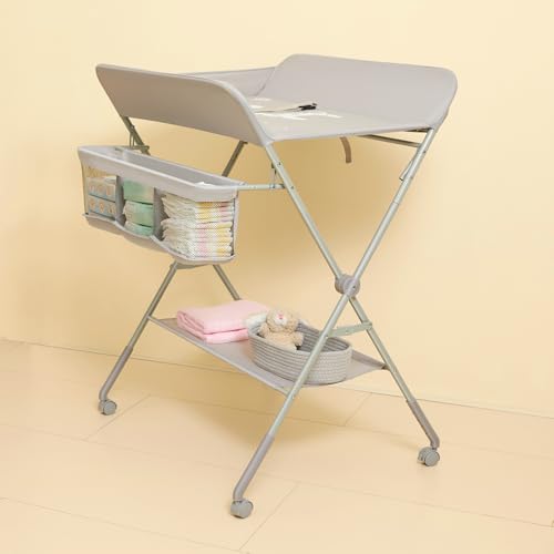 KARAOK Baby Changing Table with Wheels & Storage, Adjustable Height Portable Diaper Station