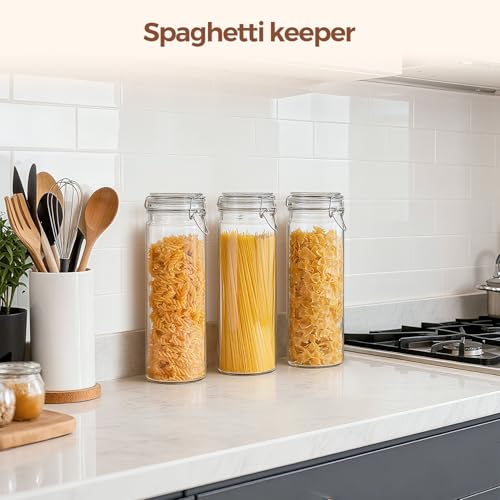ComSaf Tall Glass Pasta Storage Containers 68 oz 3-Pack with Airtight Lids - 13 Inch Long Noodle Canisters