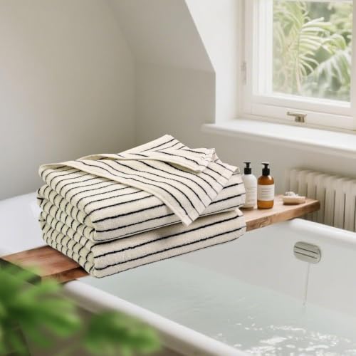 Jacquotha Black & Ivory Striped Bath Towels Set of 2, 27x55in, Quick Dry & Soft
