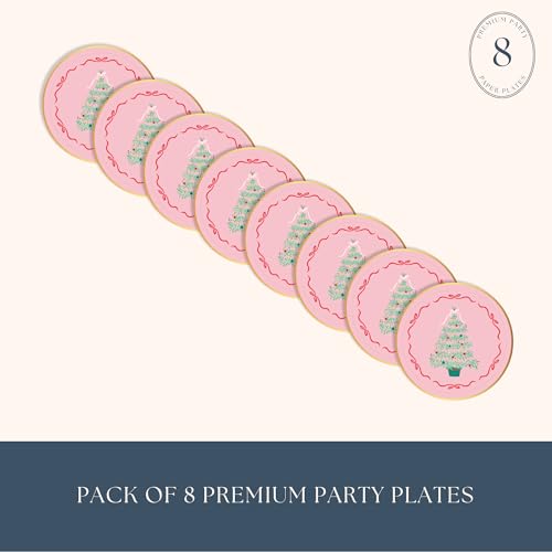 Bonjour Fete Pink Christmas Tree Plates, Dessert Size, 8 Pack, 8in
