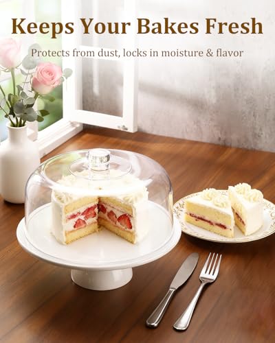 12-Inch Porcelain Cake Stand with Clear Acrylic Dome - White Pedestal