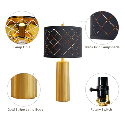 RORIANO Gold Modern Table Lamps Set of 2 with Black Grid Shades - Living Room & Bedroom Decor