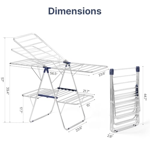KINGBOARD Large Dark Blue Stainless Steel 2-Tier Foldable Clothes Drying Rack, 57" Max Height