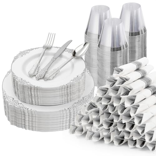 Silver Plastic Dinnerware Set for 50 Guests - Elegant Disposable Plates & Cutlery