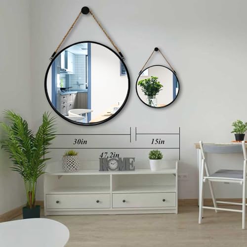 Large Round Hanging Mirror with Jute Rope - 30 Inch Black Wall Decor - POZINO