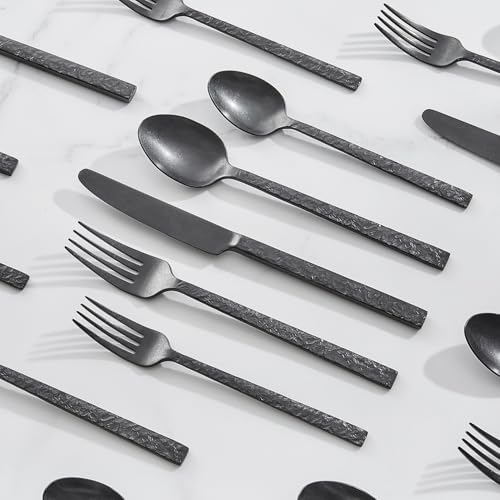 Black Hammered Silverware Set for 4 - 20-Piece Flatware Collection