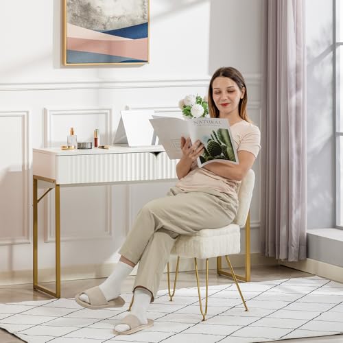 Manyday Beige Vanity Chair with Storage & Foldable Back - Soft Faux Fur Ottoman