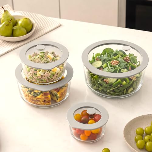 Glass Food Storage Containers with Grey Silicone Lids - Large 4 Pack, Microwave & Dishwasher Safe, Leak-Proof Meal Prep Set - Round