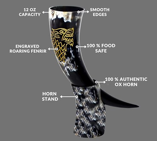 NORSE EMPIRE 12oz Genuine Ox-Horn Viking Drinking Horn with Stand & Leather Holster - Beer, Mead & Whiskey Tankard Gift