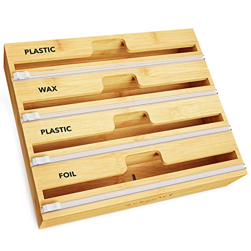 SpaceAid WrapNeat 4 in 1 Wrap Organizer with Cutter & Labels - Natural 3" Tall, 4 Slots