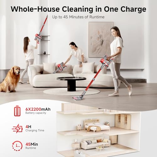 Cordless Stick Vacuum Cleaner 6-in-1 Lightweight Handheld Pet Hair Vacuum 45 Min Runtime