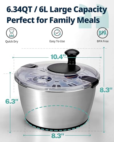 Large Stainless Steel Salad Spinner 6.34 Qt BPA-Free Kitchen Dryer