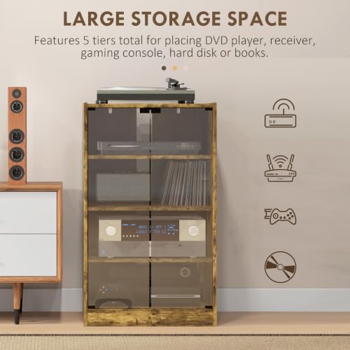 Large Rustic Brown Media Cabinet 4-Tier Glass Door Entertainment Storage