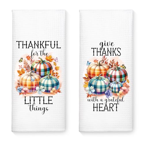 WUUCKOO 2pcs Thankful for The Little Things Kitchen Towels White14 Thanksgiving Decor