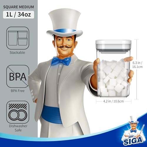 MR.SIGA 4 Pack Airtight Food Storage Containers 4.2 x 4.2 x 6.3 Inch Pantry Organizer