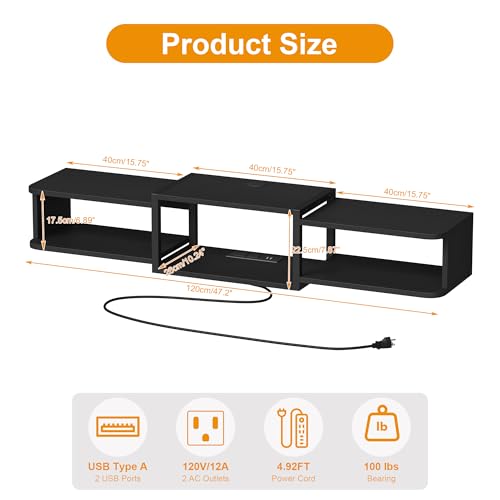 Qupui 47.3-Inch Floating TV Stand with LED RGB Lighting, USB Charging, Black