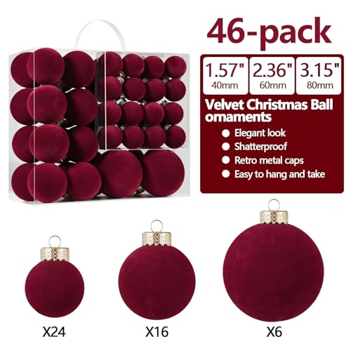 Burgundy Velvet Christmas Ball Ornaments-46pcs Shatterproof Tree