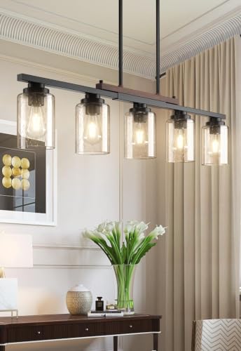 Amico 5-Light Seeded Glass Island Chandelier - Dining Room & Kitchen Pendant Light Fixture
