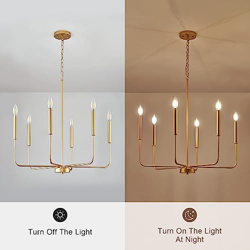 Gold 6-Light Candle Chandelier for Dining Room Farmhouse Pendant Light Fixture - Adjustable Height