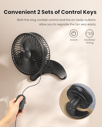 Koonie 8-Inch Wall Mount Fan with Remote, Quiet Oscillating Small Fan - Black