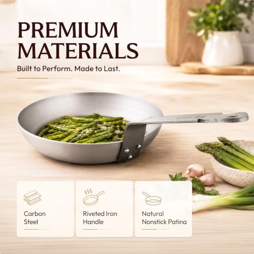 9.5-Inch Black Carbon Steel Frying Pan with Iron Handle - Natural Nonstick, Suitable for All Cooktops