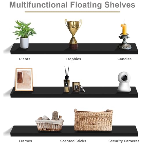 Sorbus Black Floating Wall Shelves 55 Inch, 3 Pack - Modern Home Storage