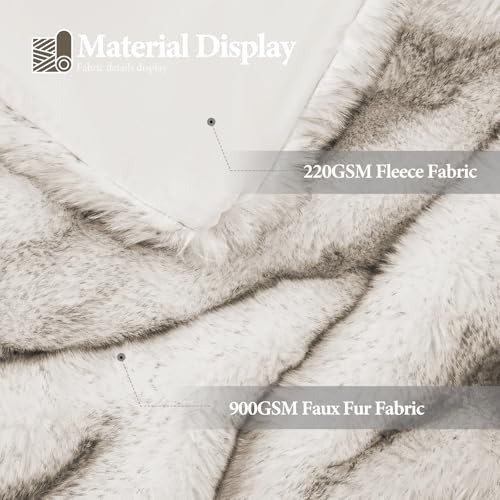 Touchat 1000GSM Faux Fur Throw Blanket - White/Brown 50x60in Super Thick Cozy Reversible Mink for Couch & Bed