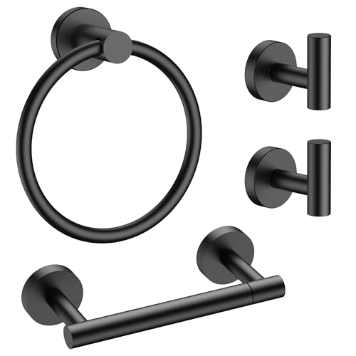 Matte Black Bathroom Accessories Set - 4-Piece Wall Mount Hardware with Pivoting Toilet Paper Holder & Adjustable Towel Ring