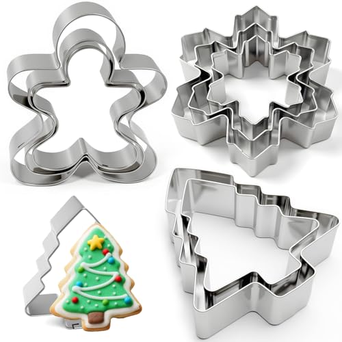 Stainless Steel Christmas Cookie Cutters Set with Box – 9 Pieces (Tree, Gingerbread, Snowflake)