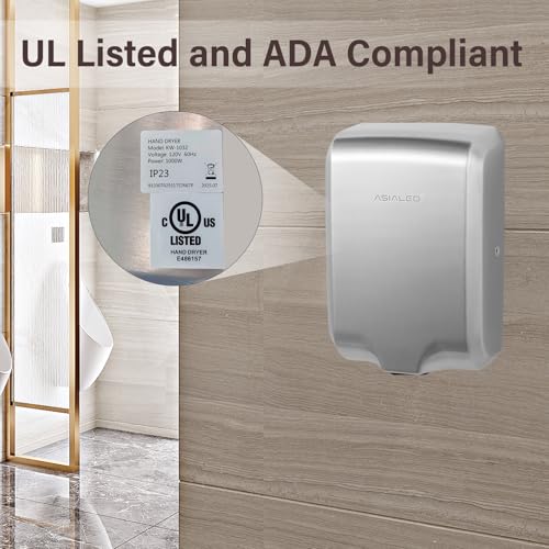 ASIALEO Brushed Stainless Steel Commercial Hand Dryer, ADA Compliant, Hot/Cold Air Switch, Wall-Mounted, 1000W