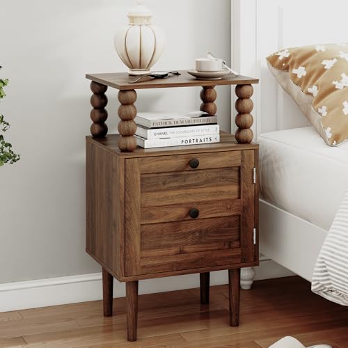 Veegle Retro Nightstand with Drawer - Walnut Brown Vintage Bedside Table