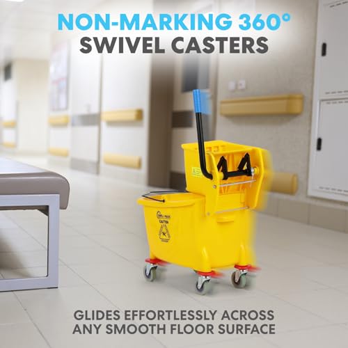 Commercial 35-Quart Side Press Mop Bucket Set on Wheels with Wet Floor Sign - Yellow