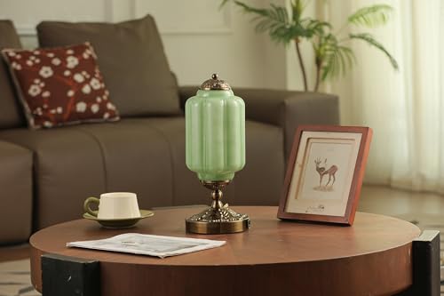 Vintage Touch Table Lamp with Green Milk Glass Shade & Antique Brass Base, 3-Way Dimmable Desk Light with USB Charging