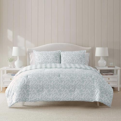Martha Stewart Queen Comforter Set with Shams - Copper Vines Blue Reversible Cotton Bedding