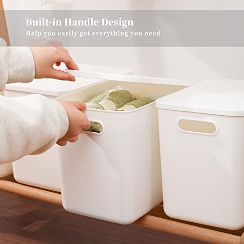 4L Plastic Storage Baskets with Lids - White Organizing Containers for Shelves, Drawers, Playroom, Office - 4 Pack