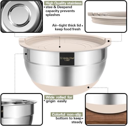 Umite Chef 6-Piece Stainless Steel Mixing Bowls with Airtight Lids, Khaki, 1.5-7 Qt