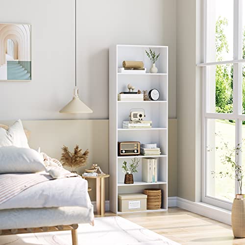 FOTOSOK 6-Tier Tall White Bookshelf with Open Display Shelves - Stable, Stylish Storage