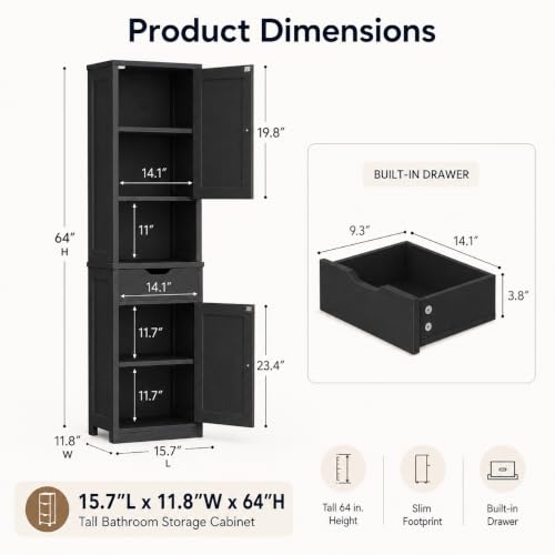 Tall Bathroom Storage Cabinet with 6 Adjustable Shelves - Black, 1 Drawer - Walsunny