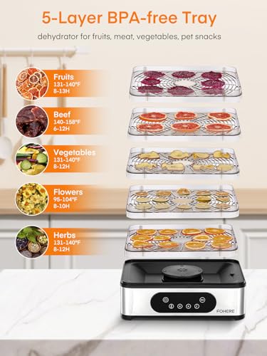 FOHERE Food Dehydrator with 5 BPA-Free Stackable Trays, Digital Control, 400W