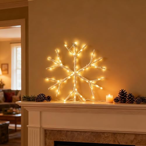 Hairui 2 Pack White Snowflake LED Lights Battery Operated with Timer 70 LEDs 14in Window Christmas Decor