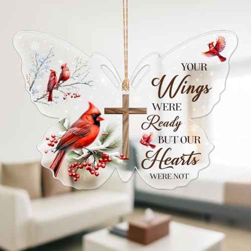 Memorial Gifts, Acrylic Ornaments, Loving Memory Cardinal Cross, Snow Hanging Decorations Gift Cross Christmas Tree Holly with Berries Mirror Car with Ribbon Cardinal Bird
