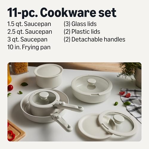 Amazon Basics Ivory Ceramic Nonstick Cookware Set with Detachable Handles, 11-Piece