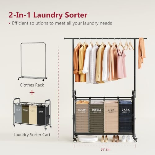 Laundry Sorter Cart with Hanging Clothes Rack - 4 Colors and 4 Bags