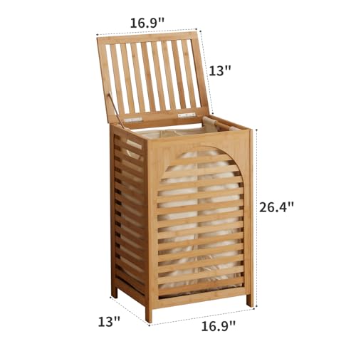 Kitsanery Large Waterproof Bamboo Laundry Hamper with Lid & Removable Washing Bags - Natural