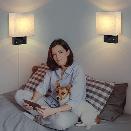 Black CADUKE Bedside Wall Lamp Set of 2 with USB & AC Outlet - Modern Wall Sconces